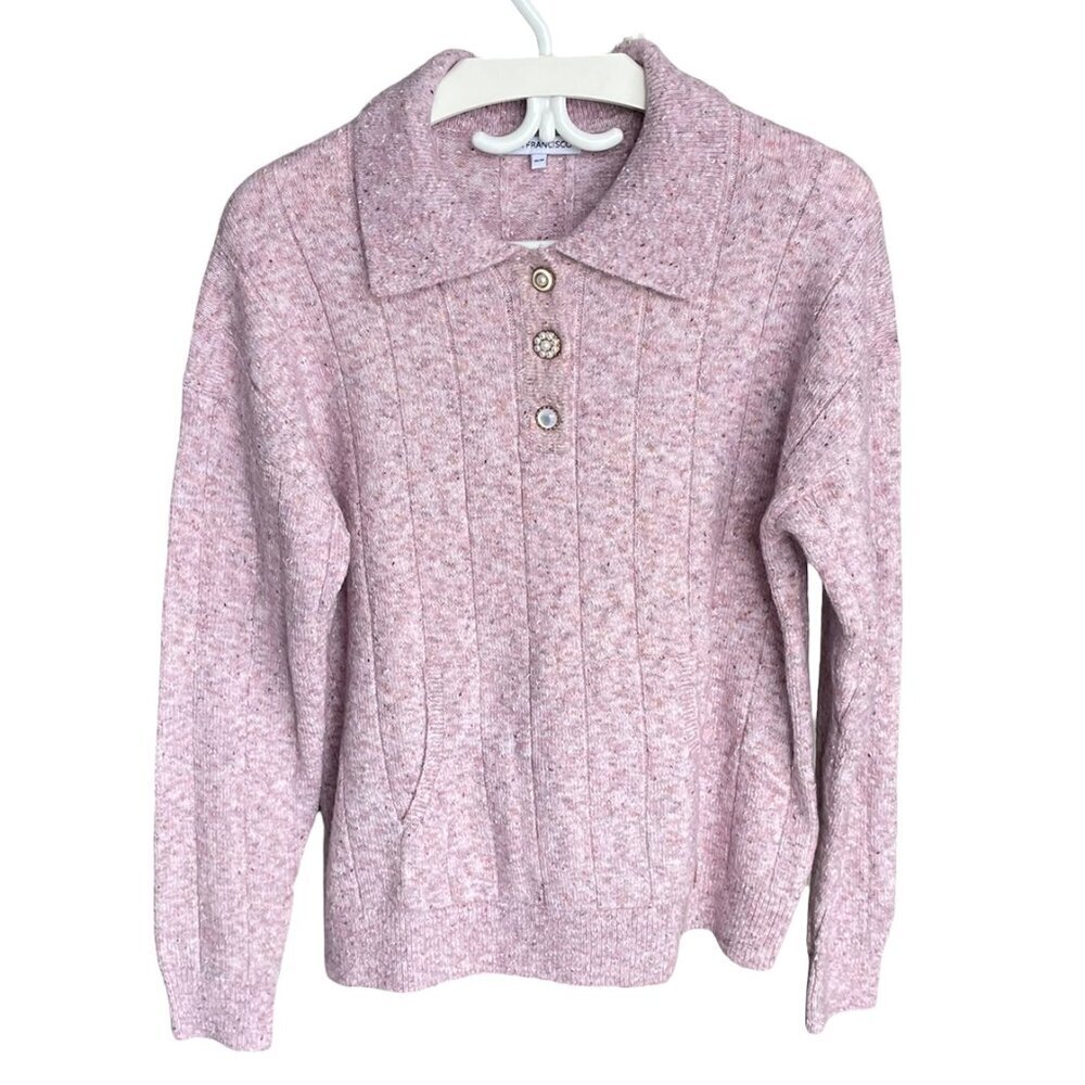SAN FRANSISCO Like New Light Pink Sweater Pearl-Like Buttons Kangaroo Pocket Med